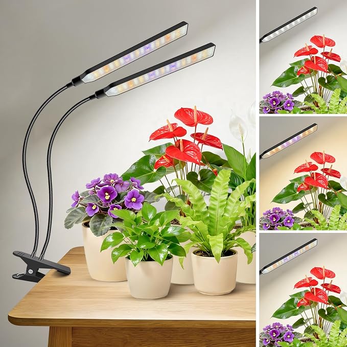 Kullsinss Clip-on Plant Lights for Indoor Growing, 114 LEDs 15W Grow Light | Black 2-Gooseneck Plant Lamp for Seed Starting, Full Spectrum Growing Lamp with Red Blue Yellow White LEDs, Timer & Dimmable
