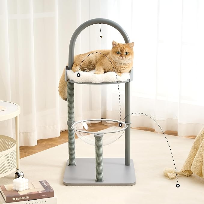 Modern Cat Tree, Wood Cat Tower with Steel Frame, Scratching Posts, Cat Capsule, Plush Mat, Bell Dangling Toy, Aesthetic Minimalist Heavy-Duty Cat Climbing Tree for Large Indoor Adult Cats-Grey