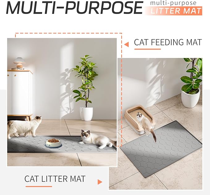 Bulkniu Silicone Cat Litter Mat with Raised Edges, Waterproof/Urineproof, Litter-Collecting Interior Ridges, Soft & Pet-Friendly (24"x16"-Grey)