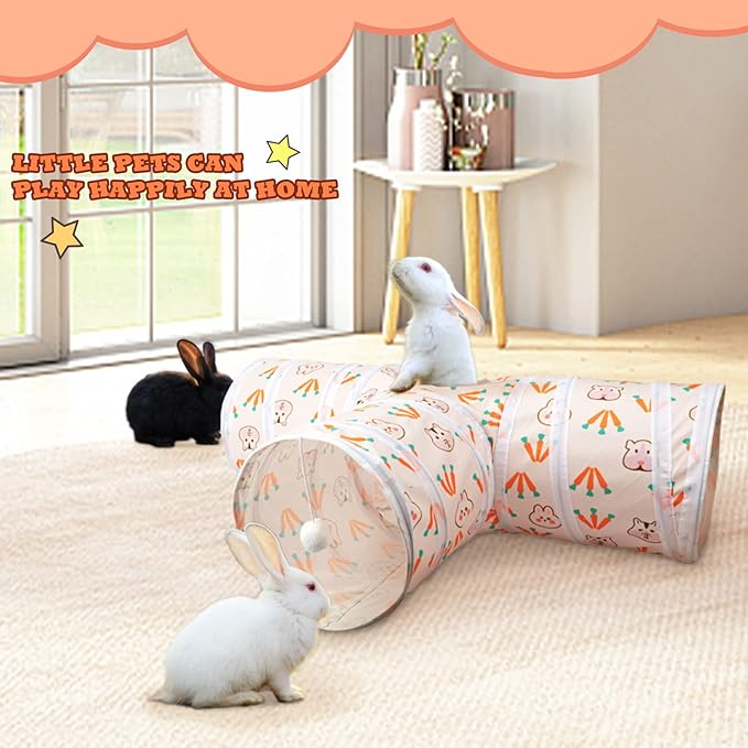 BWOGUE Bunny Tunnels & Tubes Collapsible 3 Way Bunnys Hideout Small Animal Activity Tunnel Toys for Dwarf Rabbits Guinea Pigs Kitty