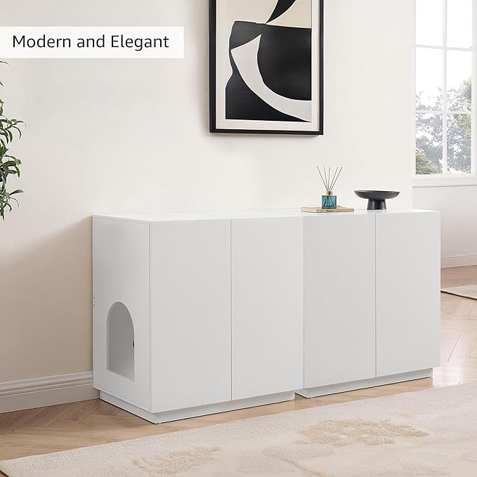 unipaws Tall Cat Litter Box Enclosure with Shelves, Hidden Litter Box Cover for Tall or Top Entry Litter Box, Kitty Enclosed Litter Box Cabinet, Cat Box Furniture，White