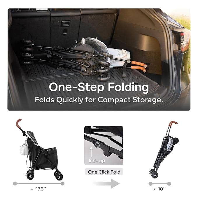 10lbs Ultra-Lightweight Pet Stroller - Compact Folding Umbrella Stroller with Durable Shoulder Strap, 3-Compartment Organizer & Cup Holder - Portable Dog Cat Travel Carriage, Dark Gray