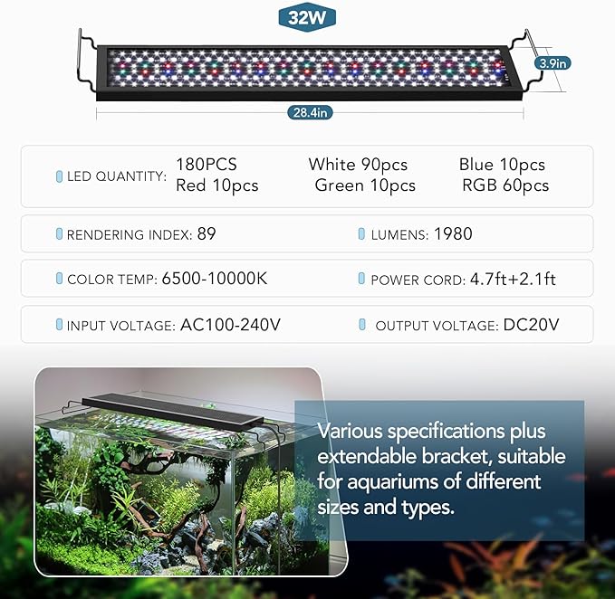 hygger Sun Moon LED Aquarium Light, Full Spectrum Fish Tank Light Day-Night Dual Timer, Adjustable 6 Timer 10 Brightness 8 Colors for Planted Freshwater Tank