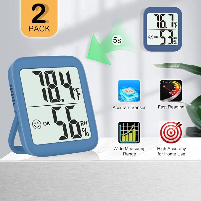 2 Pack Room Thermometer Indoor Hygrometer | Monitor Temperature & Humidity, Accurate, Fast Read, Easy To View, Magnetic/Kickstand/Hanging, ℉/℃, w/ Battery, Compact
