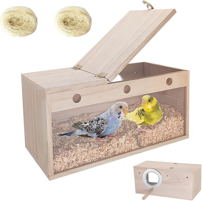 Tfwadmx Parakeet Nesting Box, Transparent Bird Nest Breeding Box, Wood Parrot Nest Box with Perch Bird Cage House for Cockatiel Lovebirds Budagie Canary Finch(L)