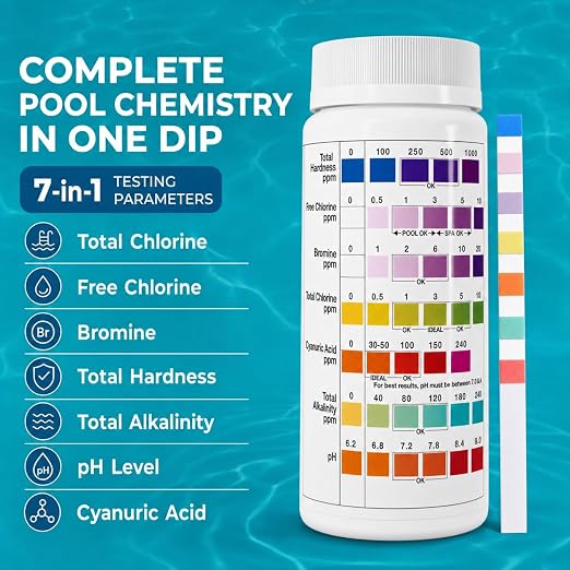7 in 1 Pool Test Strips (150 Strips) - Easy to Use Water Testing Kit for Pool, Spa, Hot Tub & More - Tester Strip for Water Hardness, Chlorine, Bromine, pH, Alkalinity and Cyanuric Acid