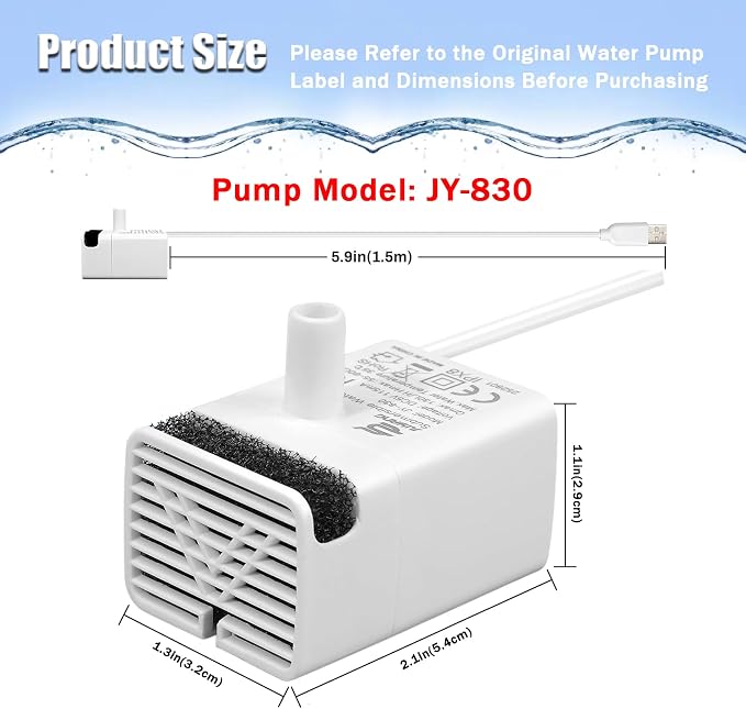 Cat Water Fountain Pump Replacement JY-830 Submersible Motor | Cat Fountain Pump Replacement,Fountains Pump for Stainless Steel Cat Dispenser,Ultra Quiet Dog Drinking Fountain Pump