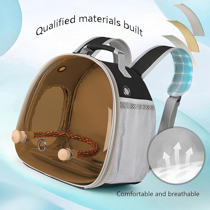 Bird Travel Backpack Carrier with Metal Tray and Standing Perch, Polarized Tint Brown Space Capsule Astronaut Bubble Hard Window