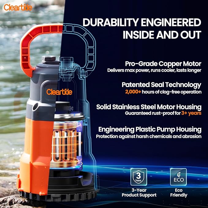 Cleartide Submersible Utility Water Pump, 1/3 HP 2790 GPH, 100% Copper Motor, Thermoplastic Portable Plug & Work, Ideal for Pool, Flooded Basement, Hot Tub, Pond & Garden Draining,10 FT Cord