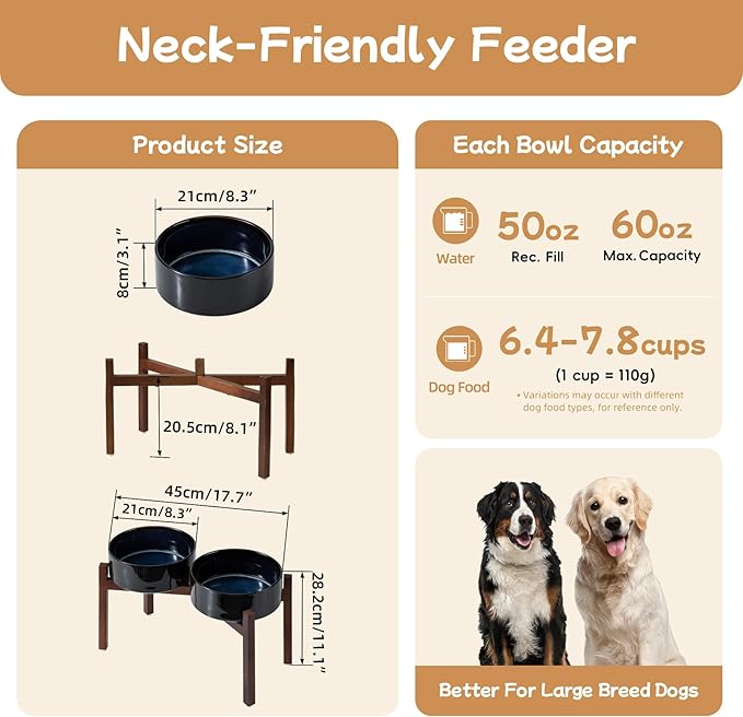 Havniva 8.2" Elevated Dog Bowls Ceramic Raised Dog Bowl with Non-Slip Stand (Acacia Wood) Weighted Dog Food & Water Bowl for Large Breed Dogs - 7.6 Cups 60 oz
