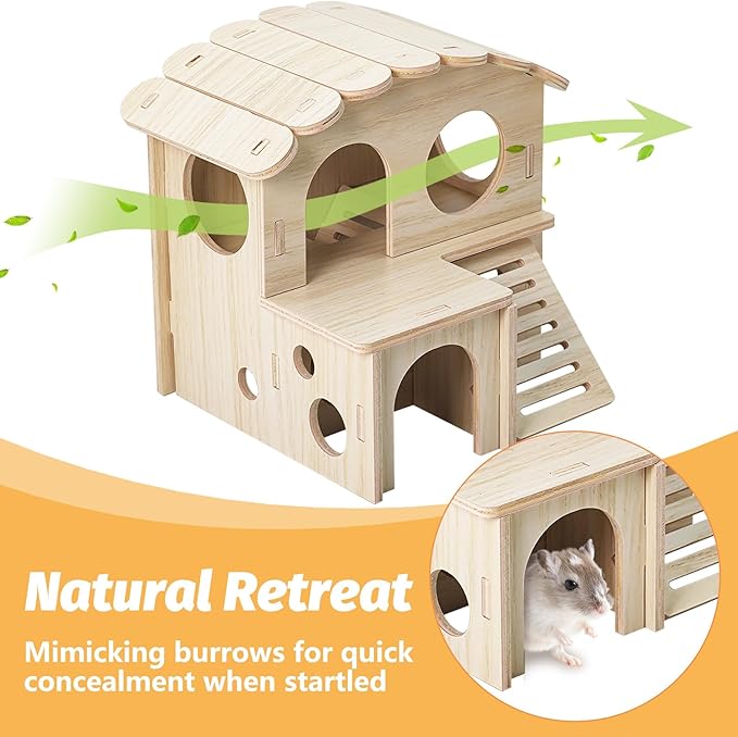 BNOSDM Hamster Tunnel Hideout Set, Wooden Hamster House Toy with Slide & Seesaw, Small Animals Cage Accessories for Syrian Dwarf Hamsters, Gerbils