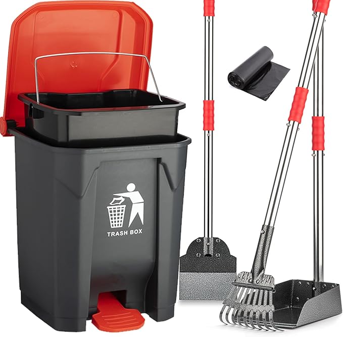 FUSBUNTY Dog Pooper Scooper Set,Dog Poop Tray and Rake Set for Large & Small Dogs Dog Pet Waste Tool 15 Litre Step Dog Poop Trash Can Outside W/Removable Inner Bucket with 20 Waste Bags
