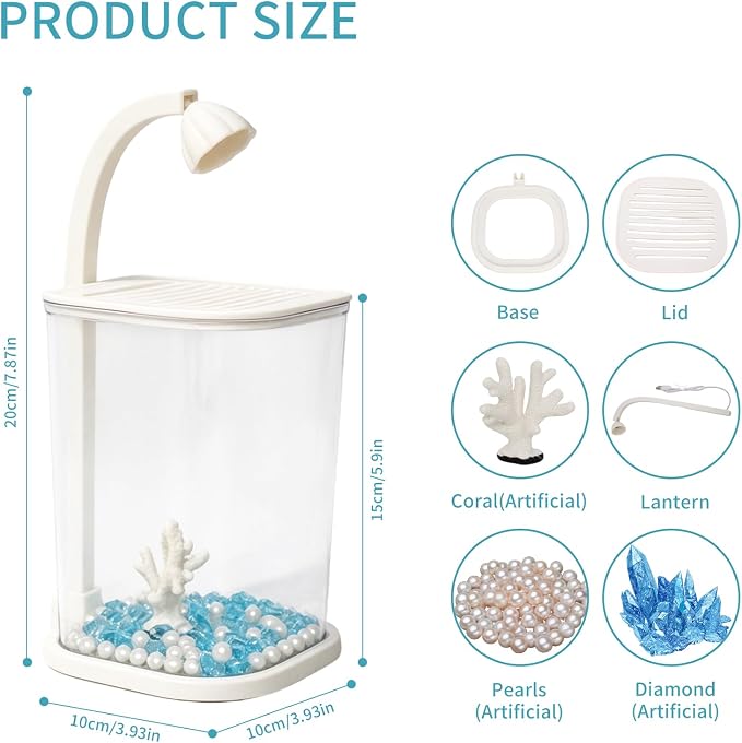 Desktop Small Fish Tank with LED Light for Betta Guppy Goldfish | Clear Acrylic Aquarium Kit with Artificial Coral, Pearls & Diamond Decor, Starter Kit Small Space Easy Setup Space-Saving
