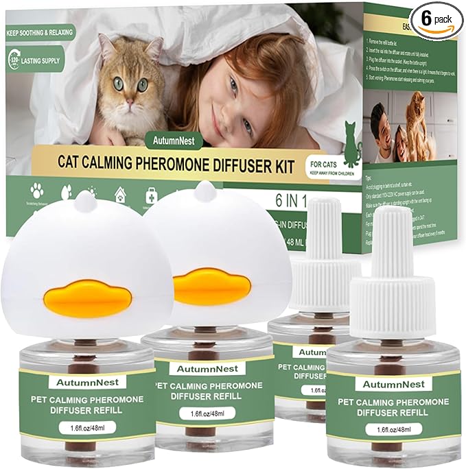 Cat Calming Pheromone Diffuser Set, Pet Calming Plug-in Kit (2 Diffusers + 4 Refills), Reduces Cat Stress, Aggression, Fighting, Marking, Meowing, Travel, Vet Visit Anxiety, 120 Days, Non-Toxic, Safe