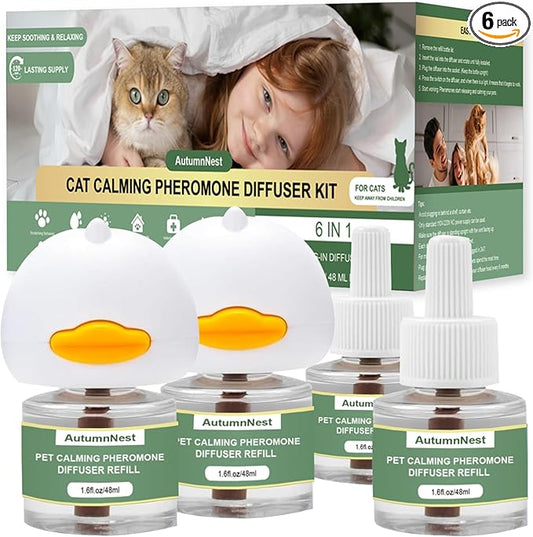 Cat Calming Pheromone Diffuser Set, Pet Calming Plug-in Kit (2 Diffusers + 4 Refills), Reduces Cat Stress, Aggression, Fighting, Marking, Meowing, Travel, Vet Visit Anxiety, 120 Days, Non-Toxic, Safe