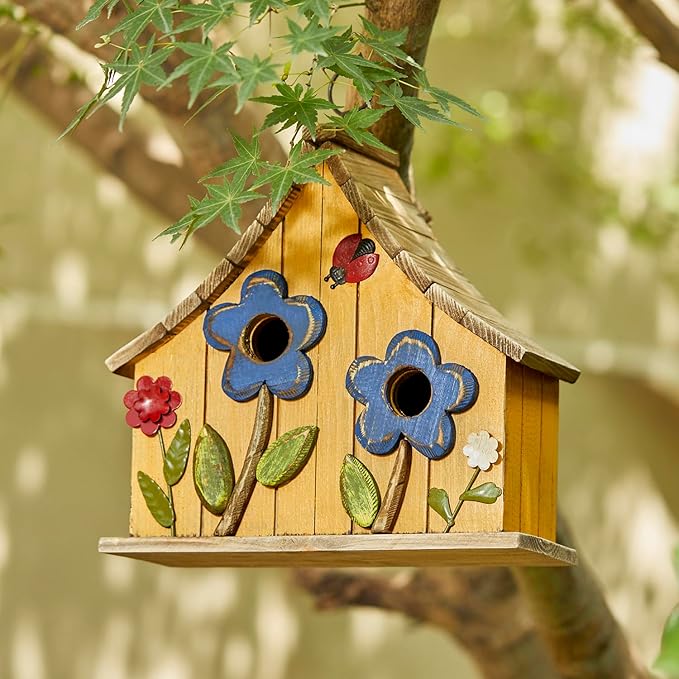 Glitzhome Bird Houses for Outside, 10.75" L Distressed Solid Wood Hanging Birdhouse with 3D Flowers Rustic Two-Story Townhouse Hand-Painted Garden Bird Houses for Outdoors,Washed Yellow