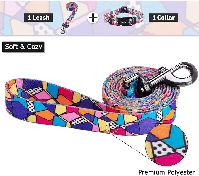 Ihoming Dog Collar and Leash Set for Daily Outdoor Walking Running Training, Geometric Design for Large Boys Girls Dogs Cats Pets, L-Up to 80LBS