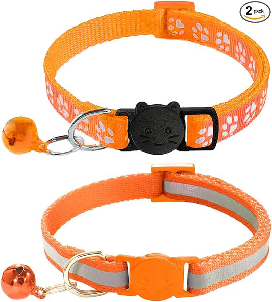 2 Pack Breakaway Cat Collars with Bells, Reflective Design and Claw Print Design, Safety Buckle Kitten Collars Adjustable from 7.5 to 12.5 Inches (Orange)
