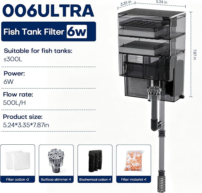 Hang on Back Aquarium Filter, 6W 500L/H Power Filter for ≤10Gal Fish Tank, 3-in-1 Biochemical Filtration with Dual-Layer Media Tray, Ultra-Quiet Aquarium HOB Filter(XP006) | Whisper Quiet Operation