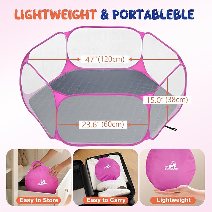 Pawaboo Small Animals Playpen with Pad, Waterproof Small Pet Cage Tent with Reusable Pad, Portable Outdoor Yard Fence for Chick/Kitten/Puppy/Guinea Pig/Rabbits/Chinchillas, Pink + Gray