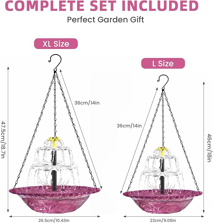 Solar Fountain for Bird Bath, Hanging Cascade Water Feature for Outdoor Garden & Yard Decor, Creates a Relaxing Flow that Attracts Birds (Purple)