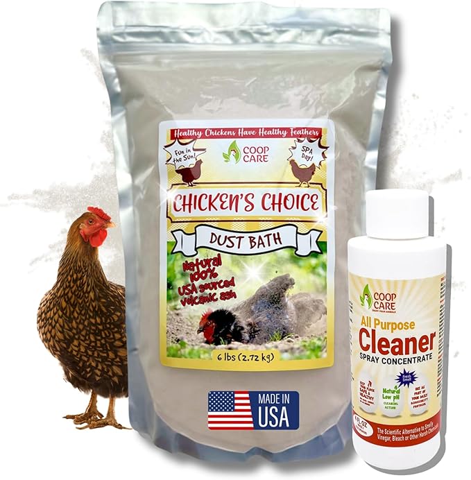 Chicken's Choice Chicken Dust Bath, 6 lb Natural Volcanic Ash Dust Bath for Chickens. Dust Mix for Healthy Chickens, Chinchillas, Small Animals. Made in The USA w/ 4 oz Coop Cleaner (Makes 32 oz)