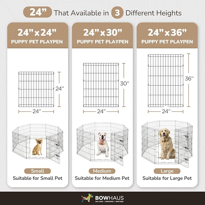 BOWHAUS Foldable Outdoor/Indoor Pet Playpen with Gate, Available in 24 Inch Height Metal Portable Kennel, Heavy-Duty Exercise Fence Cage 8 Panels for Small Dog, Animals
