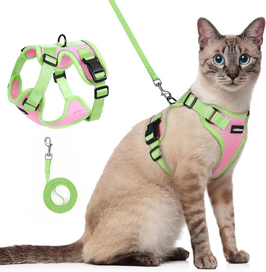 rabbitgoo Cat Harness and Leash Set, Escape Proof Soft Adjustable Vest Harnesses for Outdoor Walking, Easy Control Breathable Kitten Jacket with Reflective Strips, Pink & Light Green, S