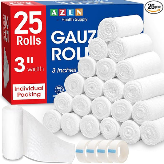 AZEN 25 Pack Gauze Rolls Bandages, 3 in x 4.1 Yards, Premium Medical Supplies & First Aid Supplies, Bandage Wrap Vet Wrap, Mummy Wraps