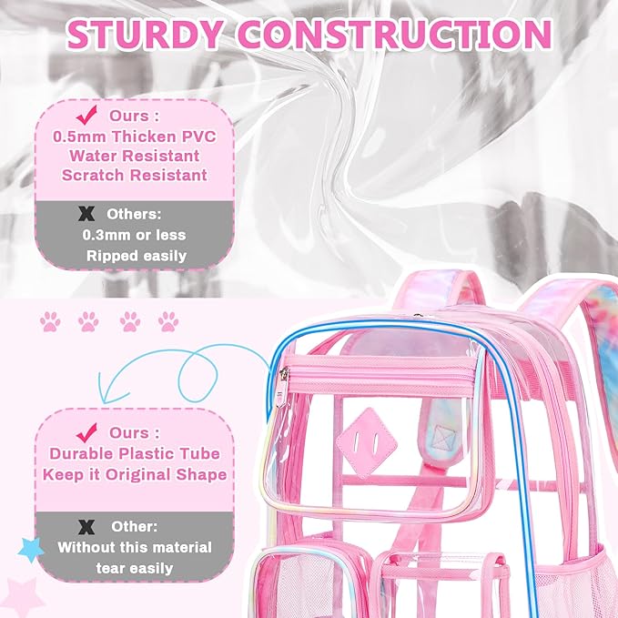 PIG PIG GIRL Clear Backpack for School,Heavy Duty PVC Transparent Bookbag for Girls Stadium Approved See Through Backpack