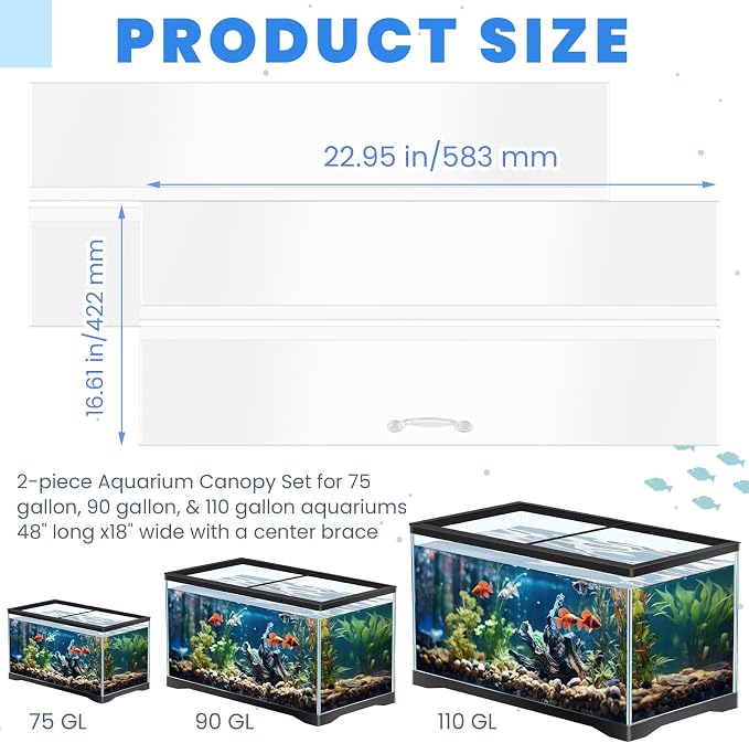 Sieral Aquarium Lids Polycarbonate Canopy with LED Light 2 Pcs Set 22.95 x 16.61 x 0.12 Inch for 75/90/110 Gallon with Center Brace Aquariums Cover Fish Tank Lid with a Hook Knife, Clear