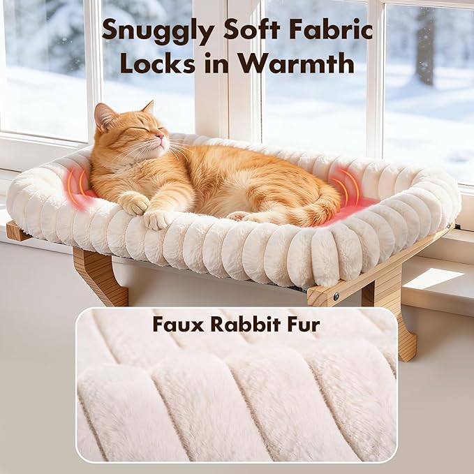 Zoratoo Cloud-Cuddle Cat Perch for Window Sill with Bolster, Natural Wood & Metal Frame Cat Window Seat for Large Cats, Easy to Adjust Zipper Cushion Pet Bed for Windowsill (Large)