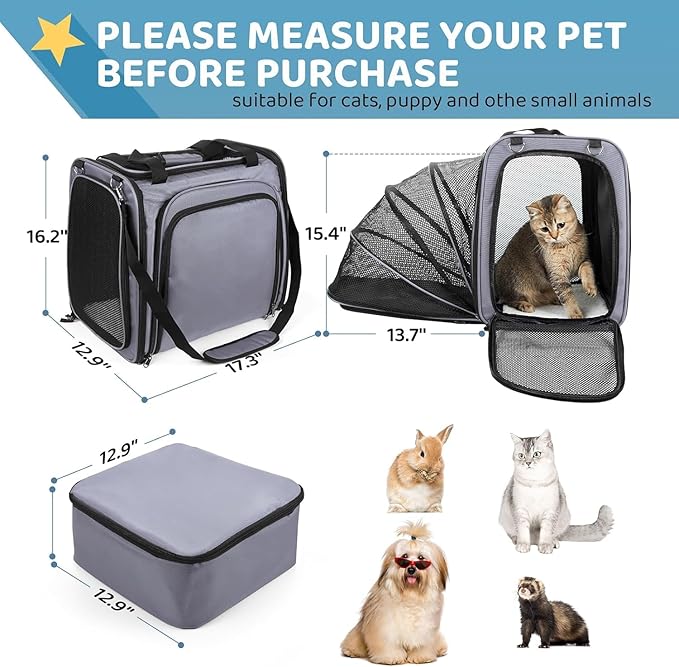 Large Cat Carrier with Litter Box, Expandable Cat Carrier for Car Travel, 17.3"x16.2"x13" Soft-Sided Pet Carrier, Collapsible Pet Carrier for Car Travel with Lockable Zippers for Medium Large Cat
