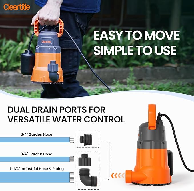 Cleartide Submersible Water Utility Pump with Float Switch, 8160 LPH High Flow,100% Copper Motor, Ideal for Yard and Flooded Cellar, Hot Tub, Garden Irrigation,10 FT Cord