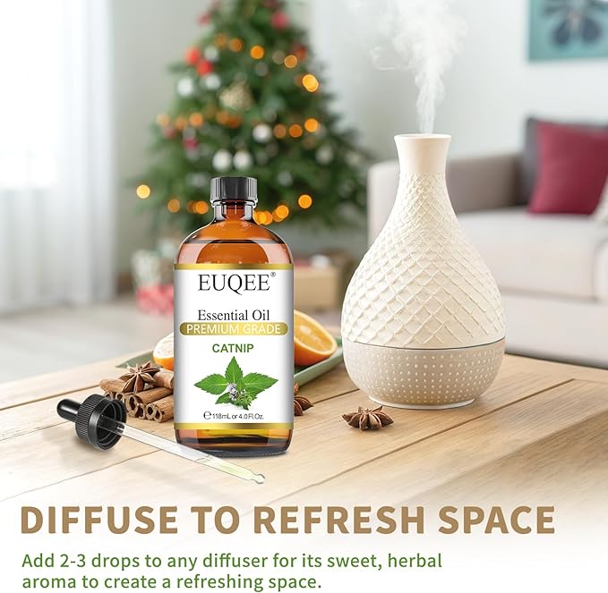 EUQEE 118ML Catnip Essential Oil, Pure & Fresh Herbal Aroma Catnip Essential Oil with Glass Dropper Great for Air Refresher, Massage, Diffuser, DIY Soap, Candle Making, Aromatherapy, Sleep