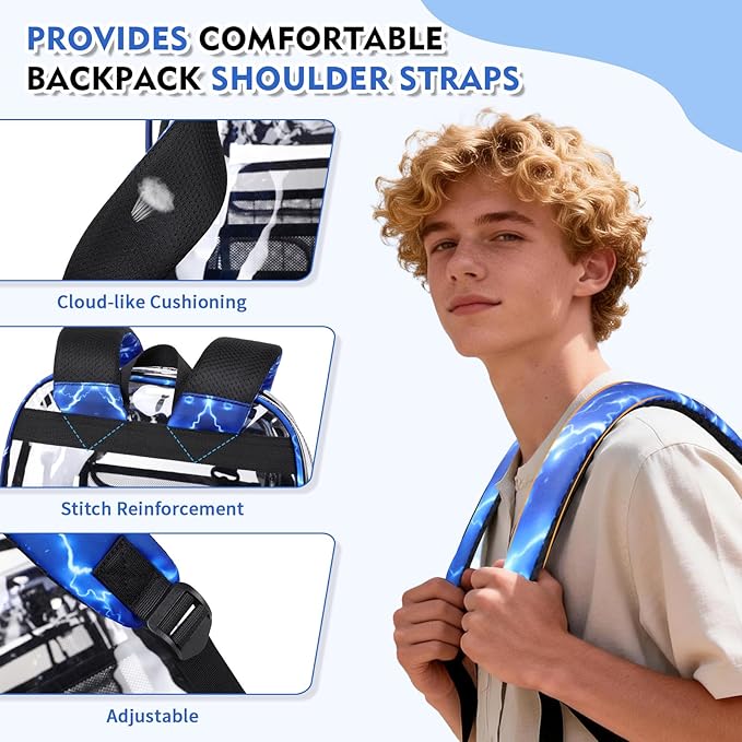 Clear Backpack for School,Transparent Backpack Stadium Events,Heavy Duty Clear Bookbag for Girls,Boys,Work,Sport Blue Lightning