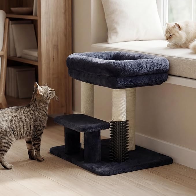 Heybly Cat Scratching Post, Small Cat Tree Tower with 3 Full Sisal Posts, Removable Plush Bed, Grooming Brush, Stable & Space-Saving Cat Furniture with Gentle Step for Indoor Cats, Smoky Gray HSP001SG