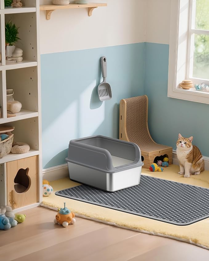 Powools 27" x 19" Cat Litter Mat - Ultra-Large Litter Box Mat with Double Layers, Urine-Proof and Non-Slip Litter Trapping Mat, Easy to Clean Kitty Litter Mats for Floor, Scatter Control, Grey