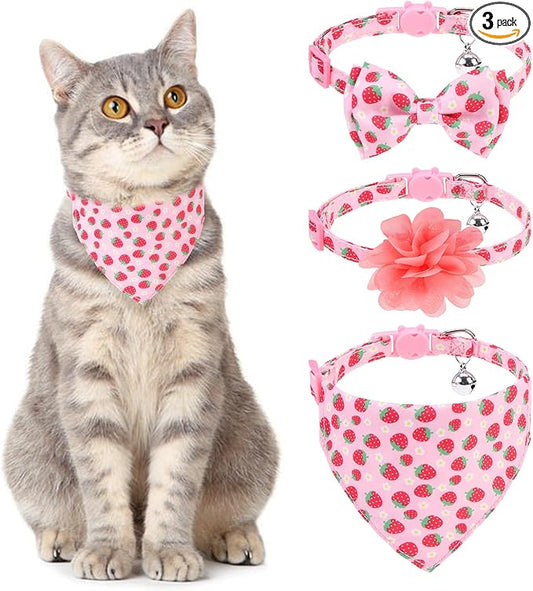Breakaway Cat Collars with Bell & Cute Pendants - 3 Pack Adjustable Safety Kitten Collars - Decoration for Girl Boy Cats Puppy and Small Pets (Style C - Strawberry)