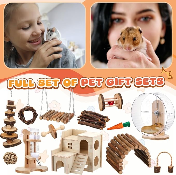 18 Pcs Hamster Toys Set, 10 Kinds Small Animal Chewing Toys, Maze Wood House, Silent Exercise Running Wheels and Water Bottle Set for Hamster Habitat Rat Cage Accessories(Mixed Play Style)