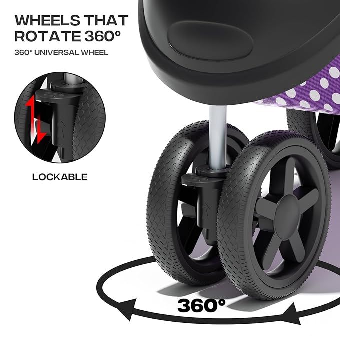 Pet Stroller for Small Dogs 10 lbs, Dog Stroller for Medium Dogs 30 lbs, Cat Strollers for 2 Cats, 3 Wheels Foldable Jogger Puppy Stroller with Storage Basket and Cup Holder, Purple Polka Dots