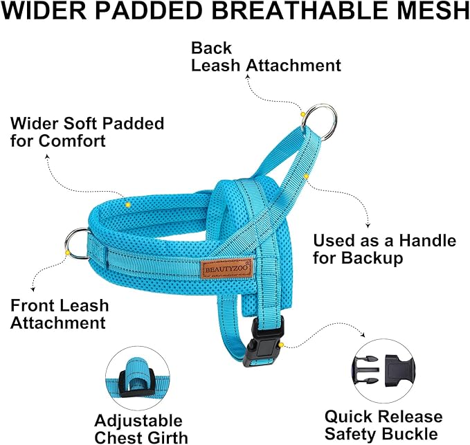 BEAUTYZOO No Pull Dog Harness Medium Sized Dog, Breathable Mesh Padded Dog Harness and Leash Set, Adjustable Reflective Escape Proof Dog Vest Harnessss Quick Fit for Training Walking, Blue M