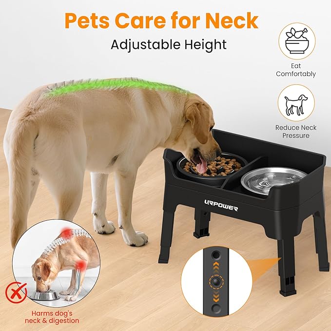 URPOWER 3-in-1 Elevated Dog Bowls - Mess Proof Double Deck 4 Height Adjustable Raised Stand with Stainless Steel Bowl & Slow Feeder Bowl for Small, Medium & Large Dogs