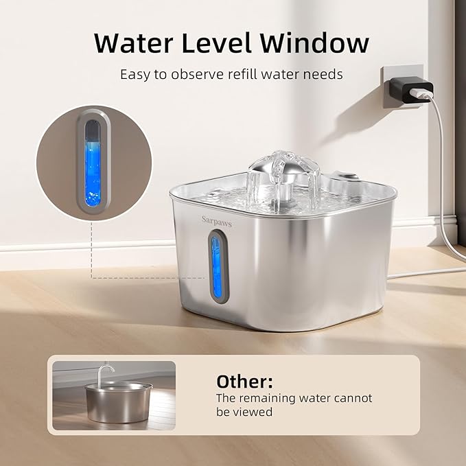 Cat Water Fountain Stainless Steel：74oz/2.2L SARPAWS Water Fountains for Cats Indoor, Cat Fountains for Drinking, Ultra-Quiet, Water Level Window, Pet Water Fountain - 6 Filters + 3 Sponges