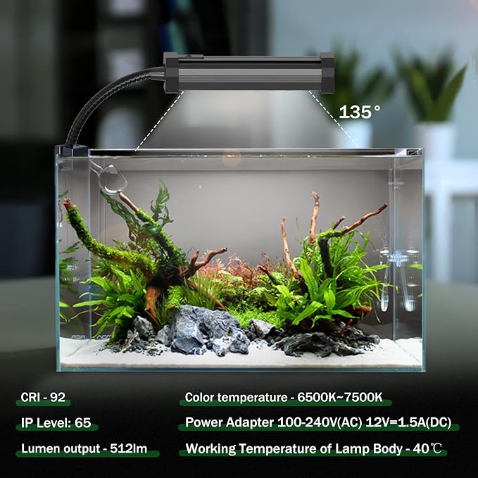 Lominie Aquarium Plant Light, Freshwater Small Fish Tank Light Timer Dimmer 6500K with Gooseneck for Planted Refugium Nano Tank (Freshwater)