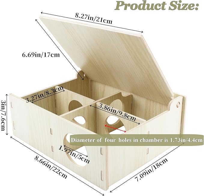 Amonk Multi-Chamber Hamster House 7x8.6x3in Wooden Secret Peep Shed and Explore Hideout Flip Cover Design Hamster Play Tunnel for Gerbils Mice Lemming and Small Animals