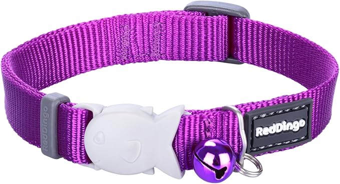 Red Dingo Classic Safety Release Breakaway Premium Cat Collar – Adjustable One Size Fits All with Soft Nylon, 4.4lb Fish Clip for Safety, Stainless Steel D-Ring, Wildlife Bell – Purple