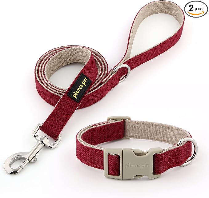 Plutus Pet Cotton Hemp Dog Collar and Leash Set, Adjustable Collar for Small, Medium, and Large Dogs, Heavy Duty and Soft on Skin, Red, M
