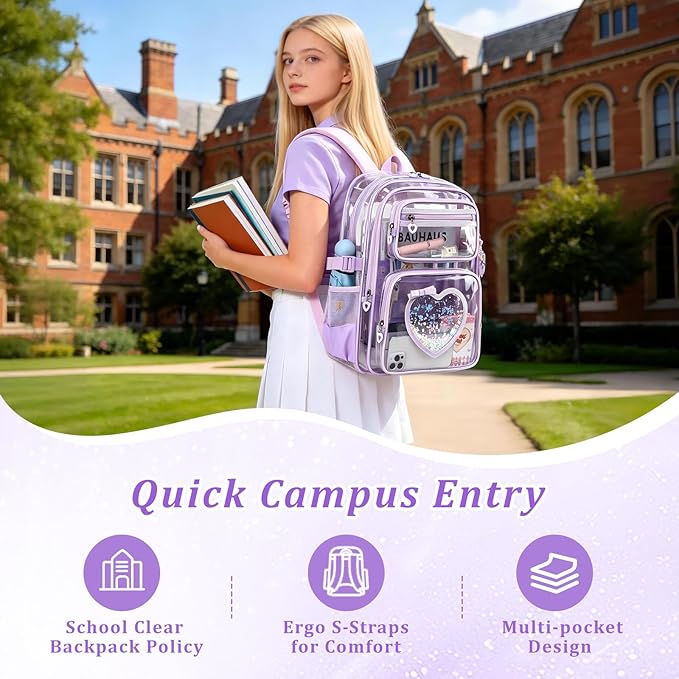 Clear Backpack for School Girls, Cute Heavy Duty PVC Transparent Bookbag, See-Through Bag for Stadium Event Purple