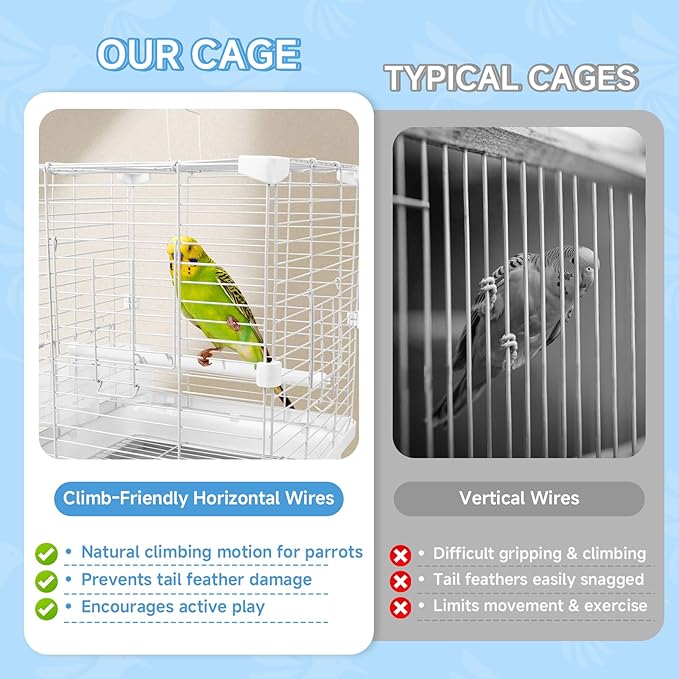 Small Bird Cage - 12x12x14.6 in Lightweight Travel Outdoor Birdcage for Parakeets, Budgies & Canaries and More Small Birds, Bird Carrier with Handle, Stand, Removable Tray, Portable for Hanging, White
